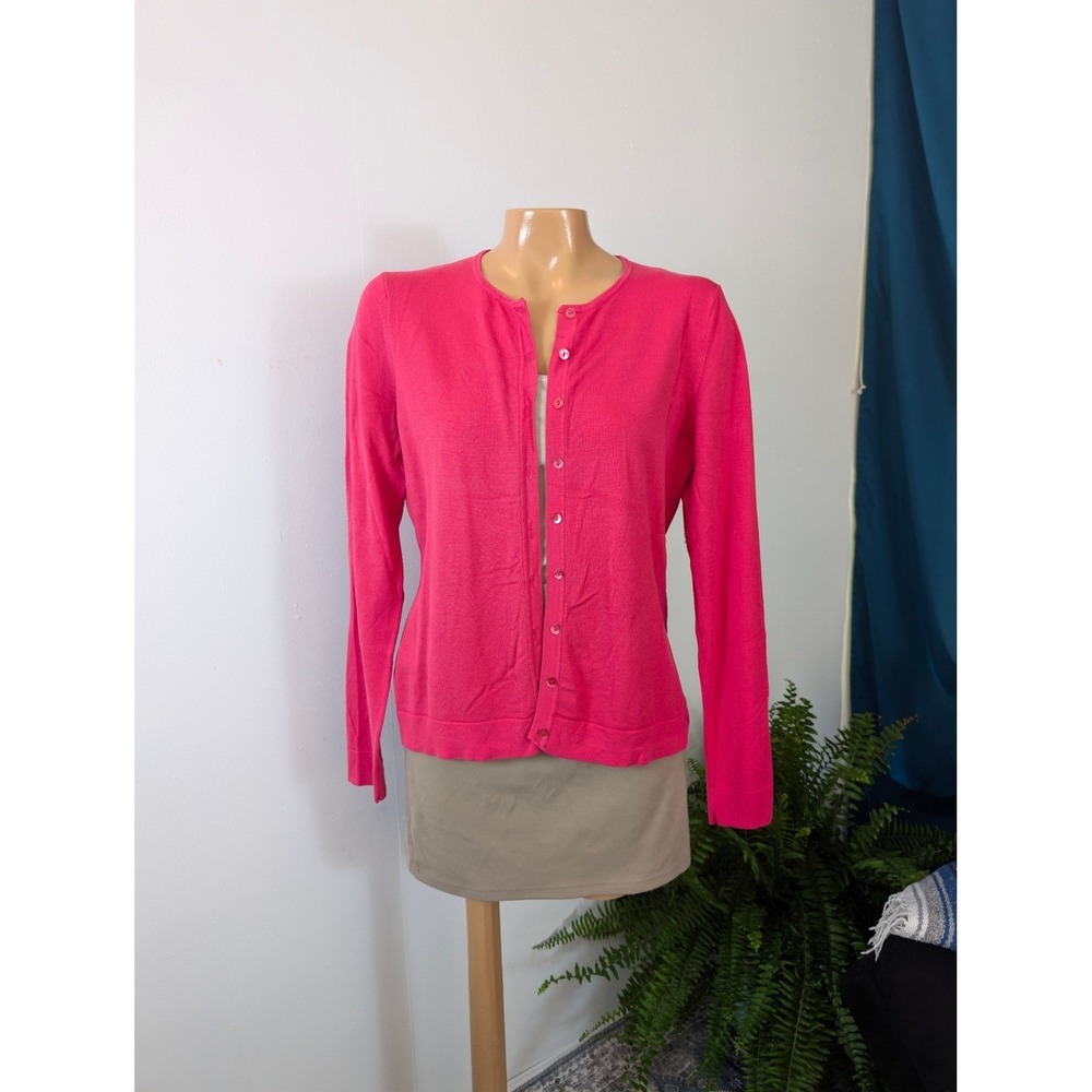 August Silk Cardigan Women Large Pink Silk Blend Button Up Crew Neck Long Sleeve
